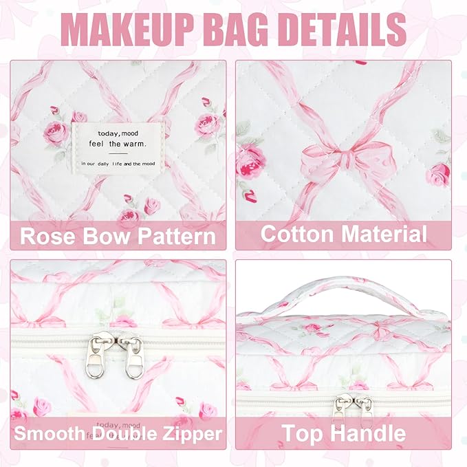 Quilted Makeup Bag Set, 3Pcs Large Checkered Corduroy Cosmetic Bags, Cute Coquette Makeup Bag Toiletry Zipper Pouch Bag for Women and Girls Checkered