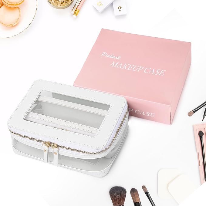 Travel Clear Makeup Bag with Brush Case TSA Approved Toiletry Bag Waterproof Cosmetic Organizer Car Essential for Women (White, M+SLIM)