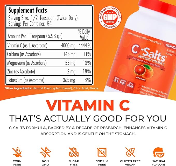 4000mg Vitamin C Powder Supplement - 100% Pure Buffered Powdered Drink with Ascorbate C - Potent Immune Support, Stomach-Friendly, Organic, Vegan, Sodium & Sugar-Free, Blood Orange 8oz