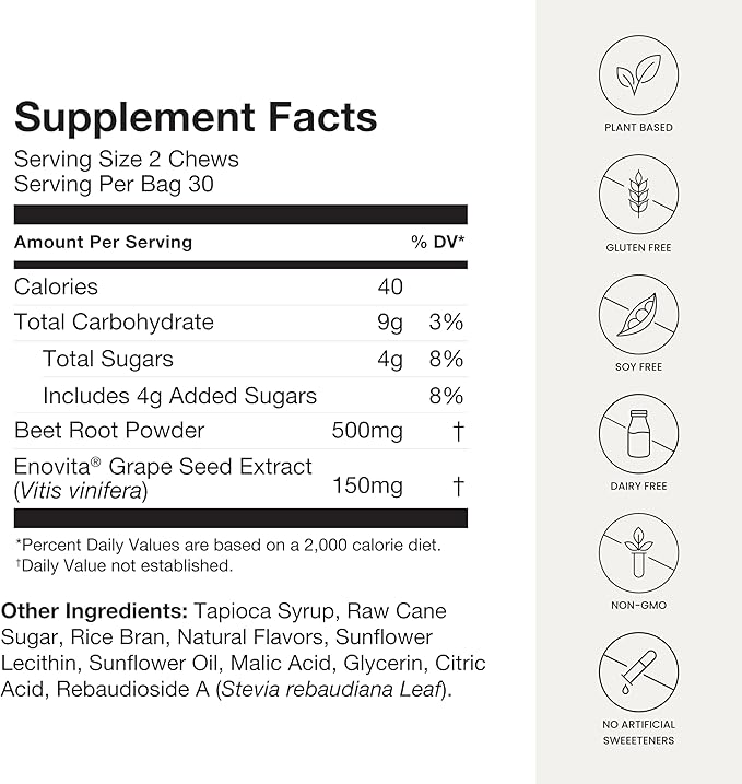 humanN SuperBeets Heart Chews, Nitric Oxide and Blood Pressure Support, Grape Seed Extract & Non-GMO Beet Root Powder Energy Chews, Super Beets Heart Chews, Pomegranate Berry Flavor, 60 Count