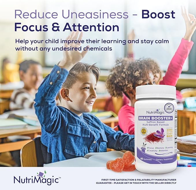 Kids Brain Booster 2IN1 Saffron Extract Nootropic & Multivitamin for Focus, Memory, Attention, Mood - Pure Saffron Gummies for Brain Health Support w/Vitamin D3, B6, B12, Zinc - 60 Gummies