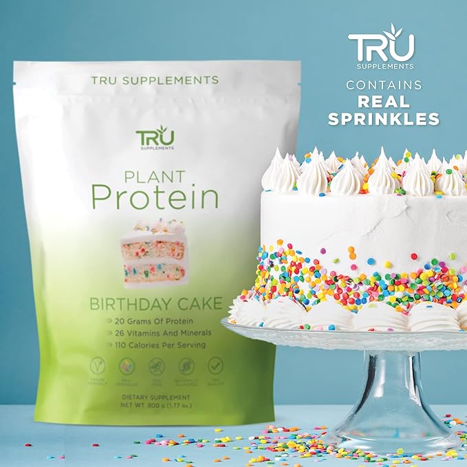 TRU Plant Based Protein Powder, BCAA, EAA, 20g Vegan Protein, 100 Calories, 27 Vitamins, No Artificial Flavors 25 Servings (Birthday Cake)