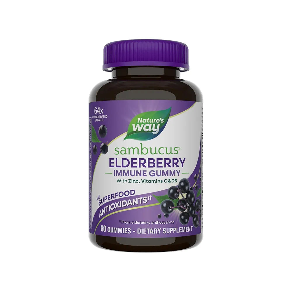 Nature’s Way Sambucus Elderberry Immune Support Gummies for Kids & Adults* with Black Elderberry Extract, Vitamin C, Vitamin D3, and Zinc, 60 Gummies