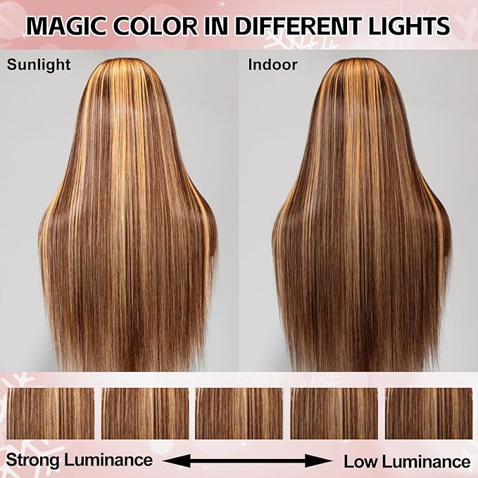 FABA Highlight Lace Front Wig Human Hair 32 Inch #4/27 Colored Lace Front Wig 13x4 HD Straight Human Hair 180% Density Ombre Brown with Human Hair Baby Hair