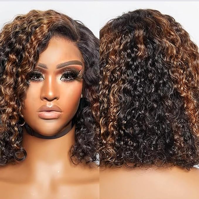 Glueless Wigs Human Hair Pre Plucked Pre Cut 1b/30 Lace Front Wigs Human Hair Wear And Go Ombre Curly Bob Wig 7x5 Lace Closure Wig Pre Everything Highlight Deep Wave Wig Human Hair 170% Density 10inch