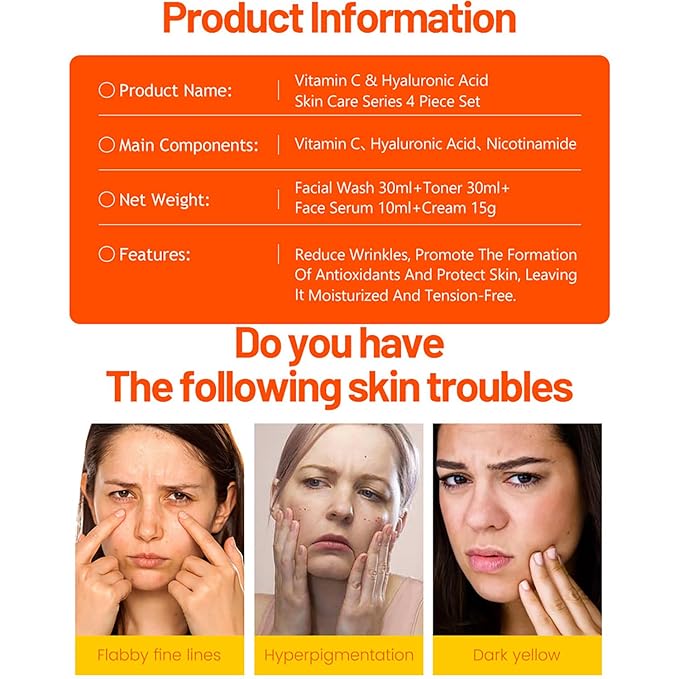 Vitamin C Organic Orange Extract Skin Care Set Facial Wash Toner Serum Face Cream Moisturizing Reduce Wrinkles Hydrate 30ml+30ml+10ml+15g 4PCS