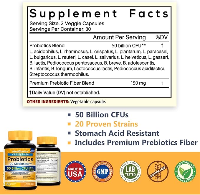 NewRhythm Probiotics 50 Billion CFU 20 Strains, 120 Veggie Capsules, Targeted Release Technology, Stomach Acid Resistant, No Need for Refrigeration, Non-GMO, Gluten Free