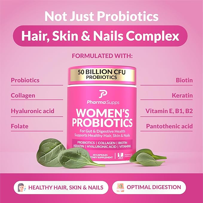 Advanced Women's Probiotics for Gut Health - Hair, Skin, & Nails Vitamins Support - 50 Billion CFU w/Collagen, Biotin & Keratin - Probiotic Supplement for Digestive Health & Bloating Relief, USA-Made