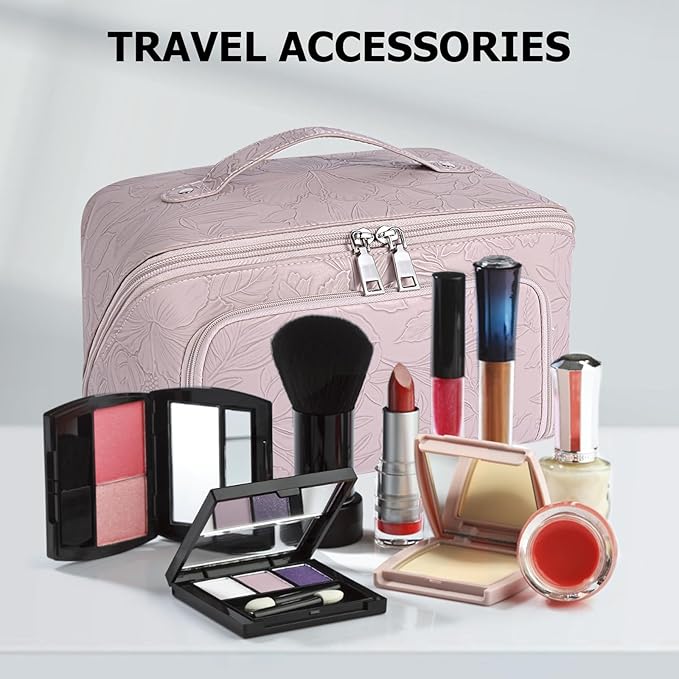 Travel Makeup Bag, Large Capacity Cosmetic Bags for Women, Waterproof Lining and PU Leather Portable Pouch, Open Flat Toiletry Bag, Make up Organizer with Divider & Handle (Pink)