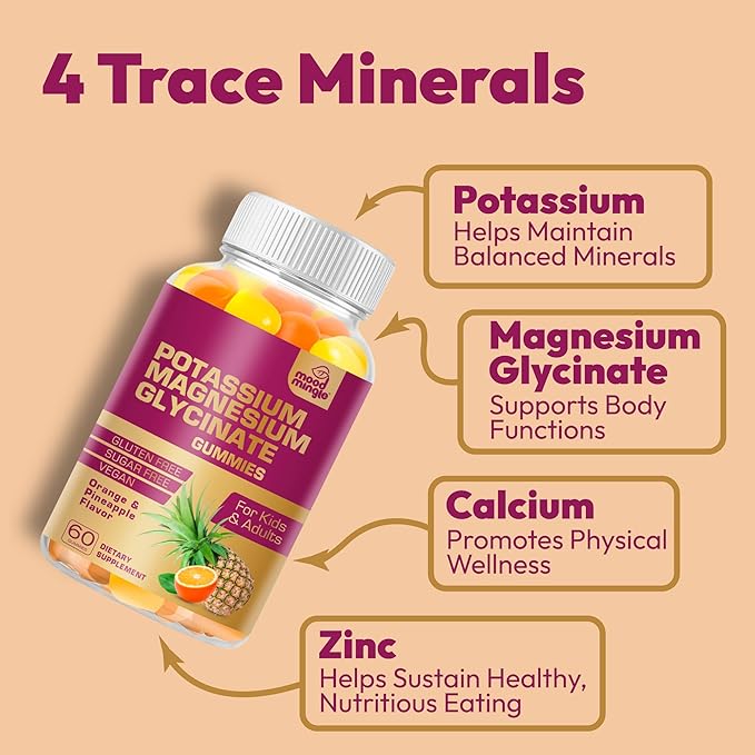 MoodMingle Potassium Magnesium Glycinate Supplement Gummies - High Absorption Potassium Chews - with Calcium Vitamins B6 B12 C D3 K2 Zinc - Vegan Sugar-Free Gluten Free for Kids Adults