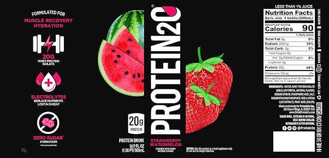 Protein2o 20g Whey Protein Isolate Infused Water Plus Electrolytes, Sugar Free Sports Drink, Ready To Drink, Gluten Free, Lactose Free, Strawberry Watermelon, 16.9 oz Bottle (12 Count)