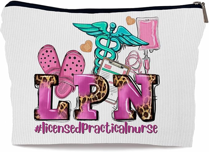 Ayxvt LPN Licensed Practical Nurse Corduroy Cosmetic Bag,Retro Gorgeous Pink Leopard Clipart Decorative Makeup Bag Zipper Pouch Toiletry,Nurse's Day Nurse Graduation Gifts for Women Girls(Corduroy)