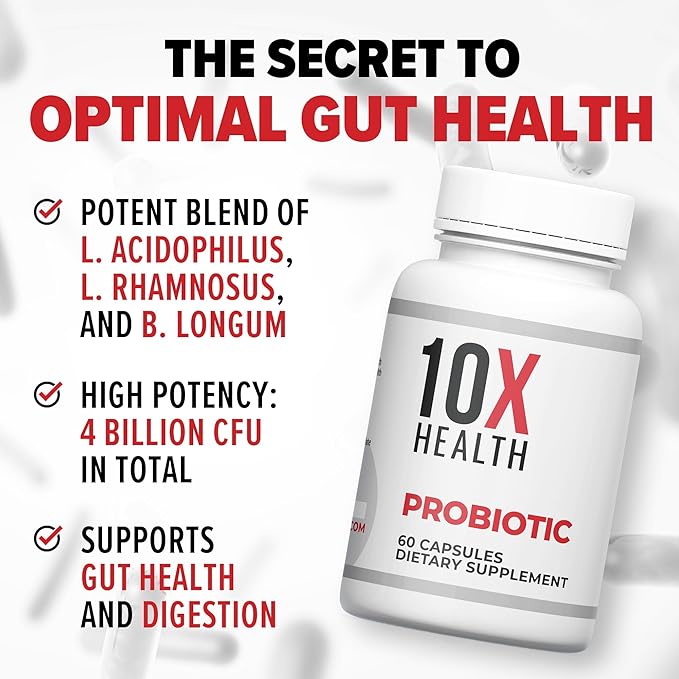10X Health Probiotics - Immune Support Supplement & Probiotics for Digestive Health w/Lactobacillus Acidophilus, Rhamnosus & Bifidobacterium Longum, Dietary Supplements w/Essential Enzymes (60 Caps)