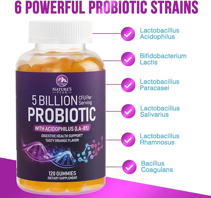Probiotic Gummies for Women, Men & Teens - 5 Billion CFUs, 6 Probiotic Strains, Orange Flavor - Daily Probiotic Gummy Supplements for Natural Digestive Health, “Good” Gut & Immune Support - 120 Count