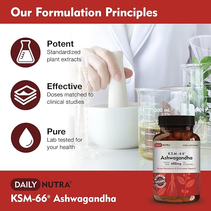 KSM-66 Ashwagandha 600mg Organic Root Extract - High Potency Supplement with 5% Withanolides | Relieves Tiredness, Supports Relaxation, Focus, Energy, & Muscle Growth (60 Capsules)