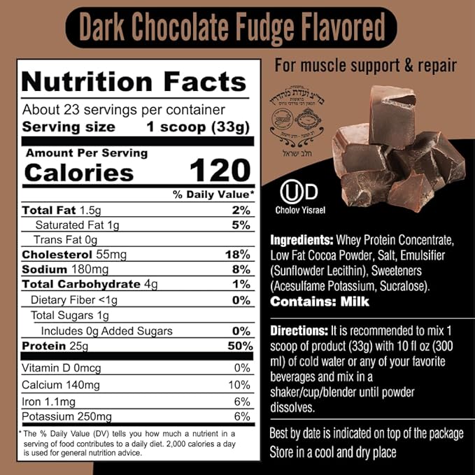 Dark Chocolate Whey Protein Powder Shake, Whey Protein Powder Post Workout Recovery Drink, Gluten Free, Sugar Free, Highly Kosher, 24g Protein, 5.3g BCAA, 1.65lb