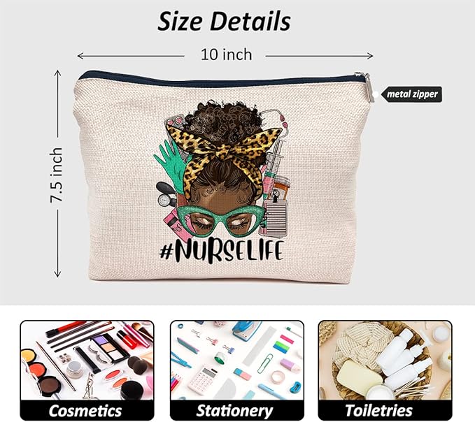 IWXYI Afro Messy Bun Nurse Life Cosmetic Bag For Women,Western Nurse Life Women's Makeup Bag Case Bags Zipper Pouch Travel Toiletry Gifts For Women Afro Nurse,Afro Nurse Gift,Nurses Day Gift