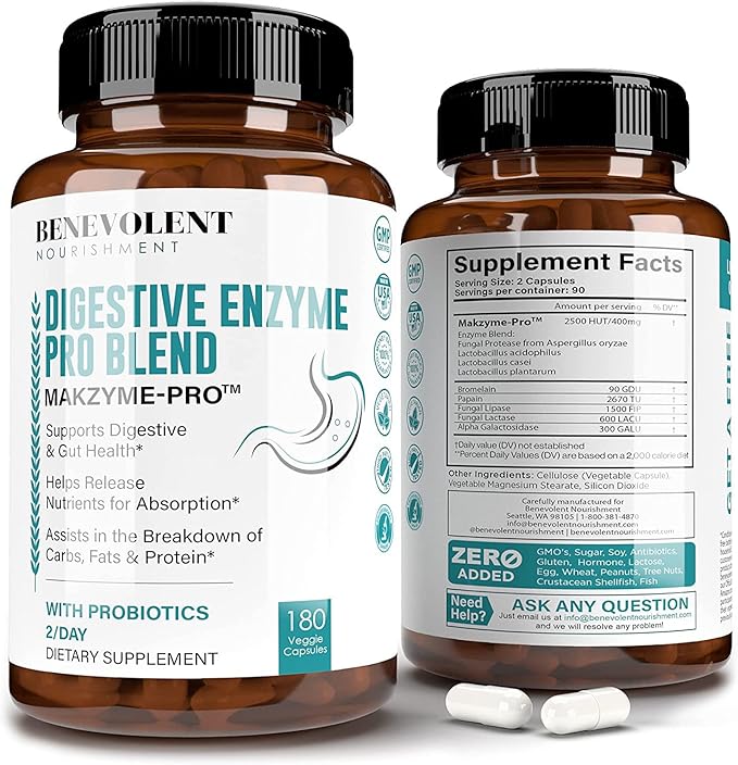 High Fiber Digestive Enzymes Supplement - 180 Capsules, Proprietary 2500HUT Makzyme-Pro Blend Probiotics Plus Papaya, Bromelain, Multi Natural Extracts for Healthy Digestion & Bloating Reduction