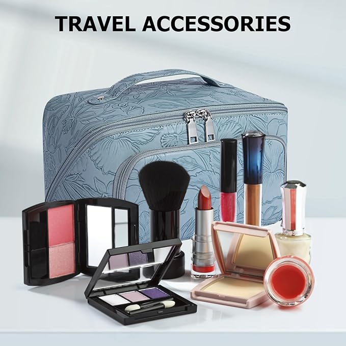 Travel Makeup Bag, Large Capacity Cosmetic Bags for Women, Waterproof Lining and PU Leather Portable Pouch, Open Flat Toiletry Bag, Make up Organizer with Divider & Handle (Light Blue)
