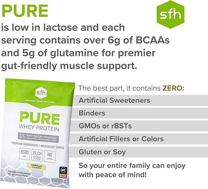 SFH Pure Whey Protein Powder | Best Tasting Grass Fed New Zealand Whey | All Natural | 100% Non-GMO, No Artificials, Soy Free, Gluten Free | Vanilla (Pack of 10 Single Serves)