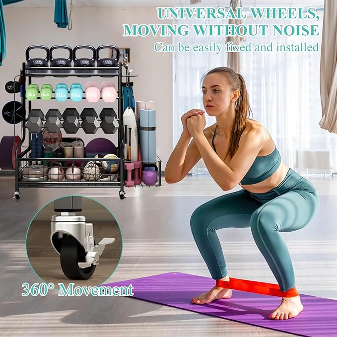 Dumbbell Rack, Weight Rack for Kettlebells, Heavy-Duty Home Gym Storage Rack for Yoga Mat and Workout Equipment, Storage Holder with Wheels, Hooks and Mesh Top