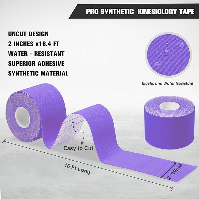 Pro Synthetic Kinesiology Tape 1 Roll, Athletic Sports Tape for Muscle Joint Support, Pain Relief for Knee Elbow Wrist Ankle Plantar Fasciitis, 2 in x 16.4 Ft, Purple