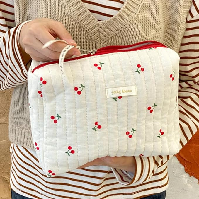 Quilted Makeup Bag Set 3 Pcs Cotton Cute Makeup Bags For Women Large Aesthetic Floral Cosmetic Bag Coquette Flower Makeup Pouch