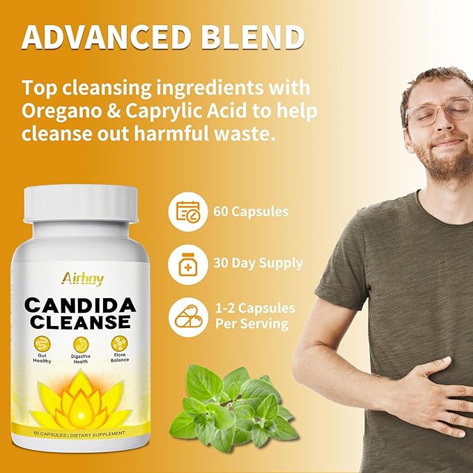 Airboy Candida Cleanse,Gut Colon Cleanse Detox for Women & Men,Candida Support with Oregano Leaf, Caprylic Acid,Wormwood, Black Walnut-60 Counts