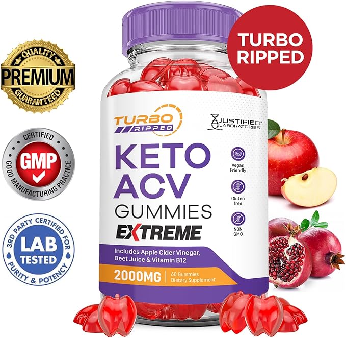 Turbo Ripped Keto ACV Gummies Extreme 2000MG Turbo Ripped Keto Gummies Apple Cider Vinegar Formulated with Pomegranate Beet Juice Powder B12 Vegan Non GMO 60 Gummys