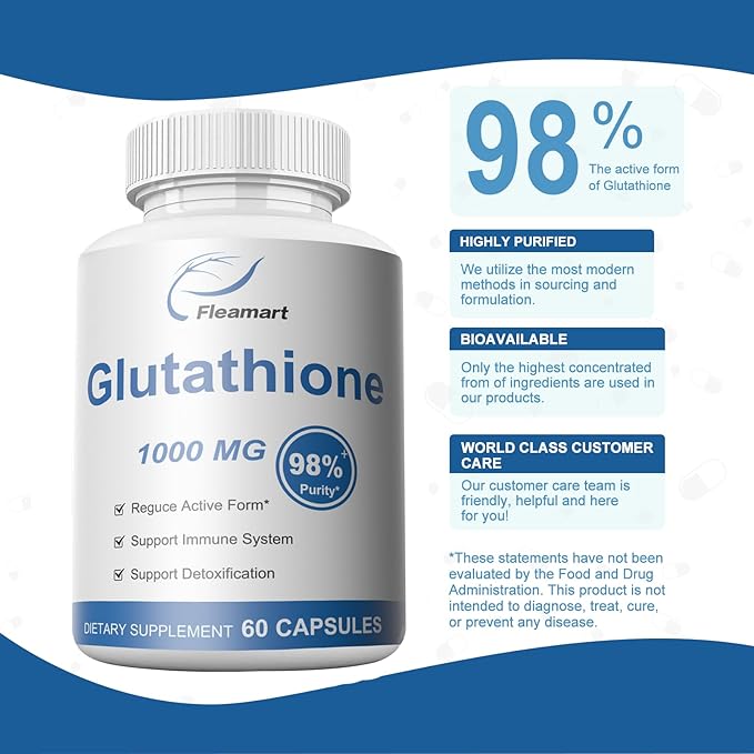 Glutathione Supplement 98%+ Highly Purified and Bioavailable - Skin Care & Detoxification L-Glutathione 1000mg Immune & Liver Support - Made in The USA 60 Capsules