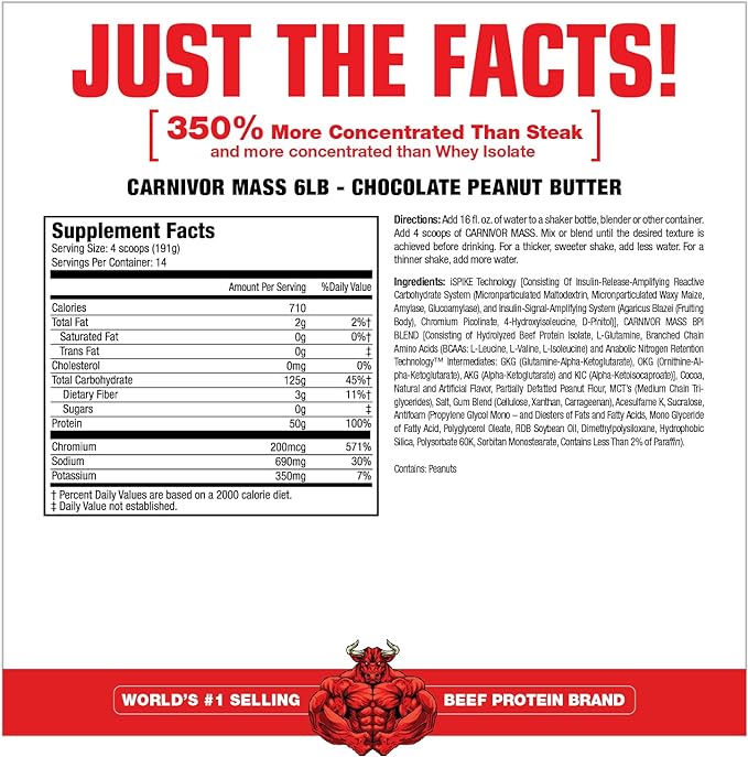 MuscleMeds CARNIVOR Mass Gainer Beef Protein Isolate Shake, 50 Grams Protein, 125 Grams Carbs, 0 Fat, 0 Sugar, Lactose Free, Halal Certified, Chocolate Peanut Butter, 6 Pound