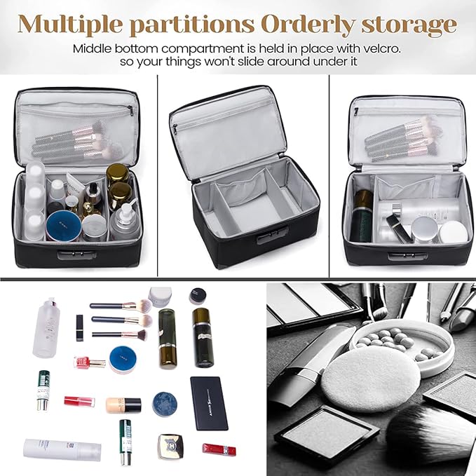 Portable Cosmetic Bag with Lock, Large Capacity Travel Makeup Case Organizer, Waterproof Makeup Bags for Girls Traveling With Handle and Divider Makeup Bag…(Black)
