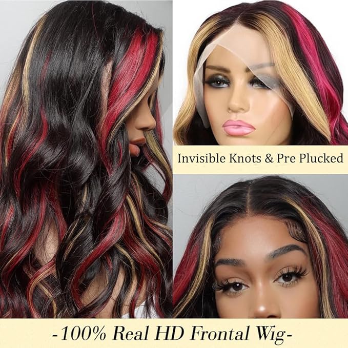 FABA Skunk Stripe Wigs Black Red Blonde Highlights Wig Human Hair 32 inch 13x4 HD Lace Front Human Hair 180% Density Black and Red Wig Highlight Body Wave Pre Plucked with Baby Hair