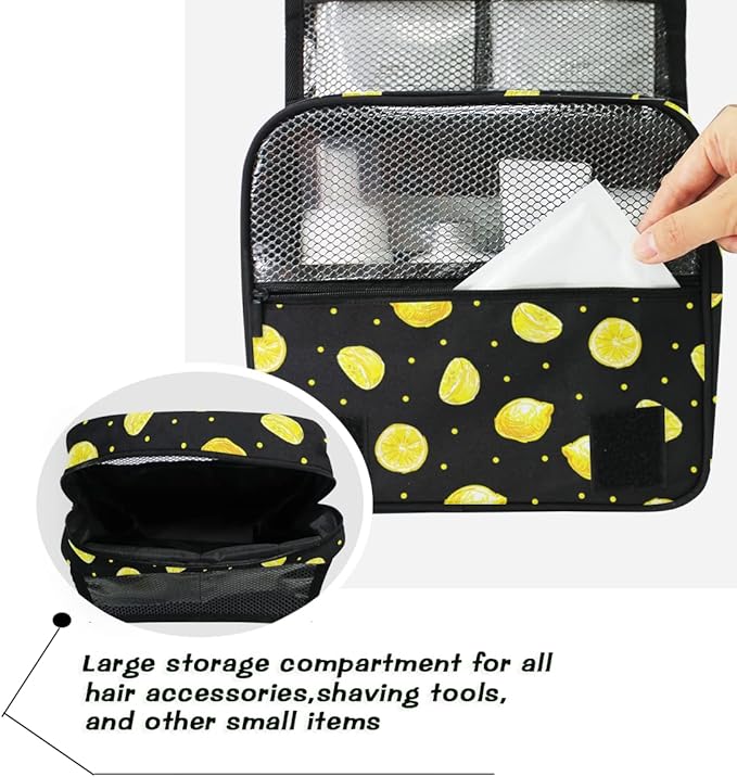 senya Hanging Travel Toiletry Bag Kit Boys Makeup Case Cosmetics Organizer for Men Women (Yellow Lemons)
