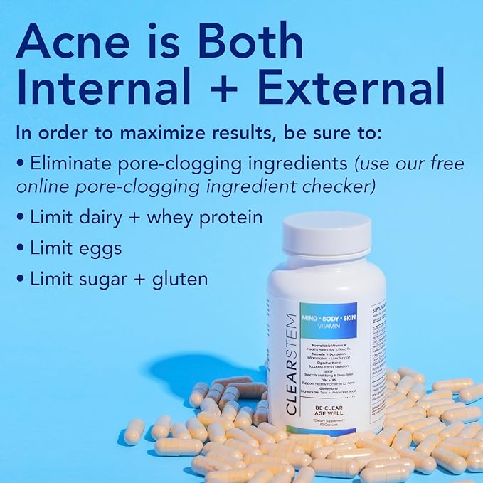 CLEARSTEM - MINDBODYSKIN Hormonal Acne Supplement (5-HTP) - Natural DIM Supplement - Skin Care Vitamins - Hormone Balance, Antioxidants - Vegan, Gluten Free, Cruelty Free - 30 Servings, 90 Capsules