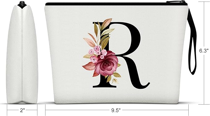 Vavabox A-Z Personalized Makeup Bag, Birthday Gifts for Women Mom, Gifts for Best Friend, Bride Bridesmaid Cosmetic bag (R, White)