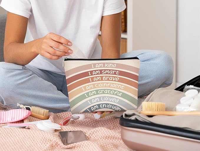 I Am Kind I Am Smart I Am Brave Inspirational Makeup Bag,Makeup Bags for Women, Rainbow Cosmetic Bag Gift for Women,Inspirational Gifts for Women Teacher Coworker