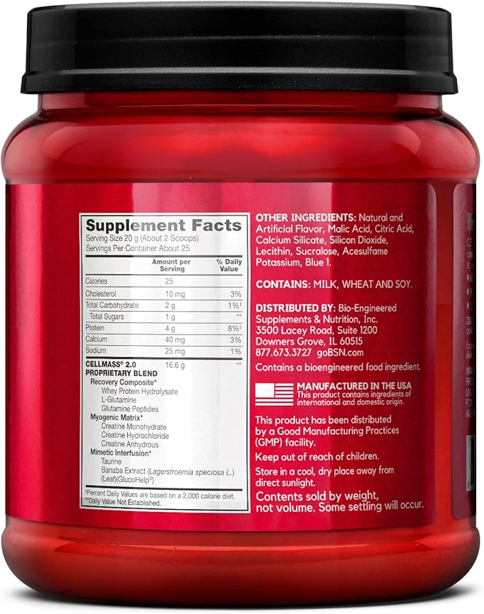 BSN CELLMASS 2.0 Post Workout Recovery with BCAA, Creatine, & Glutamine - Keto Friendly - Blue Raz, (25 Servings)
