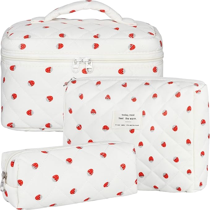 Quilted Makeup Bag Set, 3Pcs Large Checkered Corduroy Cosmetic Bags, Cute Coquette Makeup Bag Toiletry Zipper Pouch Bag for Women and Girls Checkered
