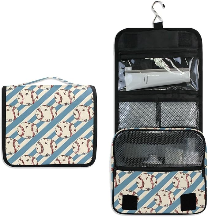 senya Hanging Travel Toiletry Bag Kit Boys Makeup Case Cosmetics Organizer for Men Women (Baseball Balls Star Blue Stipes)