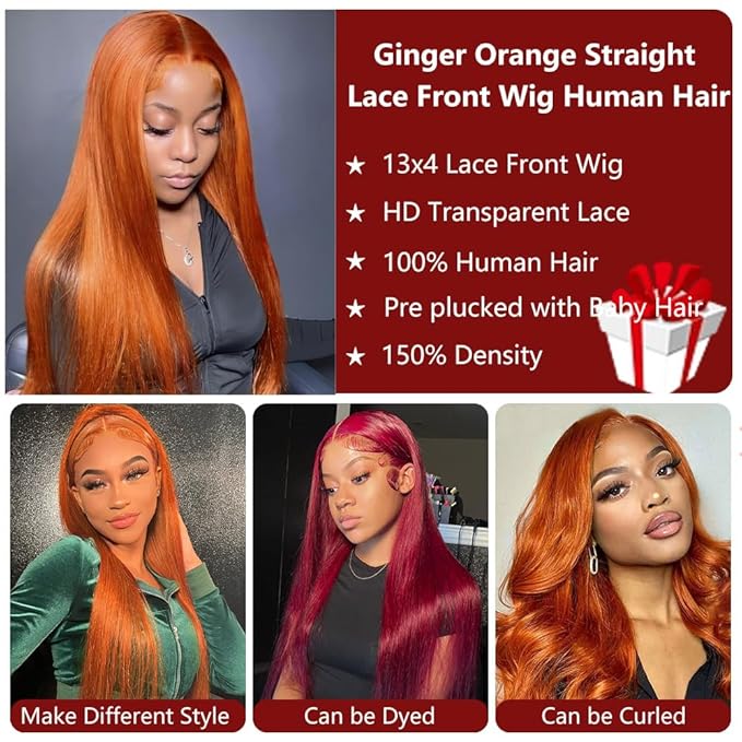 Ginger Lace Front Wig Human Hair 13X4 HD Transparent Lace Front Wig Colored Straight Lace Front Wig 150% Density Pre Plucked Natural Hairline with Baby Hair Ginger Orange Wig Human Hair 28Inch