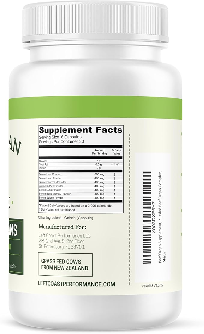 Beef Organ Supplement Grass Fed - 7 Beef Organs Complex from New Zealand - Liver, Heart, Pancreas, Kidney, Lung, Spleen, Bone Marrow - Non-GMO, No Fillers, Hormone & Antibiotic Free - Carnivore Diet