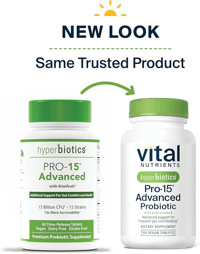 Hyperbiotics Vital Nutrients Pro-15 Advanced Probiotic Supplement | 15 Strains + Kiwifruit | Supports Digestive Regularity, Gas, & Bloating | Shelf-Stable | Vegan, Dairy & Gluten Free | 60 Count