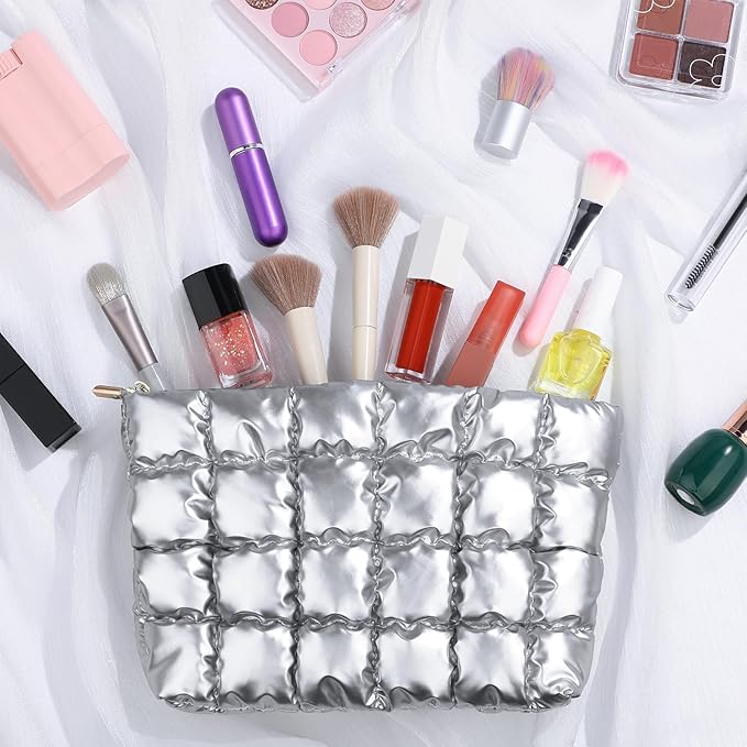 Hillban Puffy Quilted Makeup Bag Quilted Cosmetic Bag Cute Puffer Toiletry Checkered Pouch Aesthetic Travel Makeup Brushes Organizer(Silver,Classic)