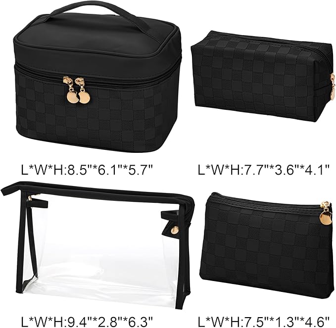 Hedume Set of 4 Makeup Bags, Black Leather Portable Travel Cosmetic Bag, Waterproof Cosmetic Bag Set, Multifunction Organizer Storage Bag for Makeup, Toiletries, Brushes and Accessories