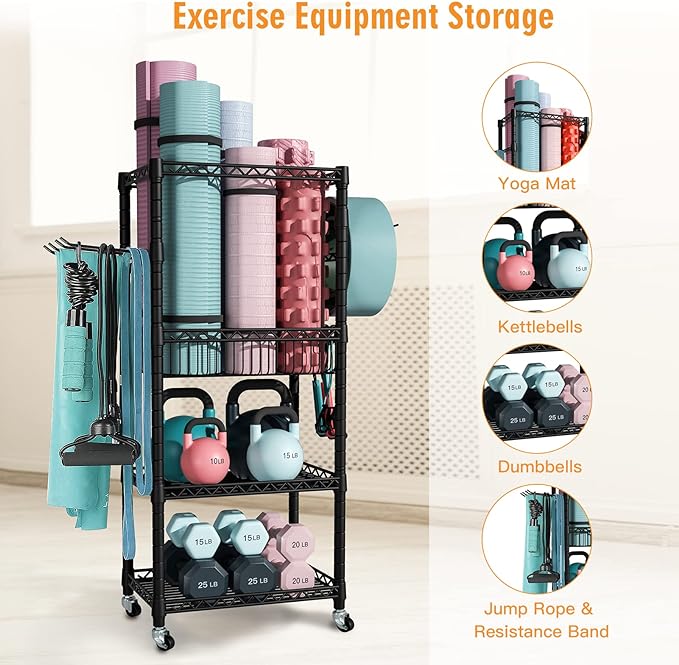 Home Gym Storage, 3 Tiers Workout Equipment Organizer with Wheels for Yoga Mats, Foam Roller, Dumbbells, Kettlebells, and Resistance Bands