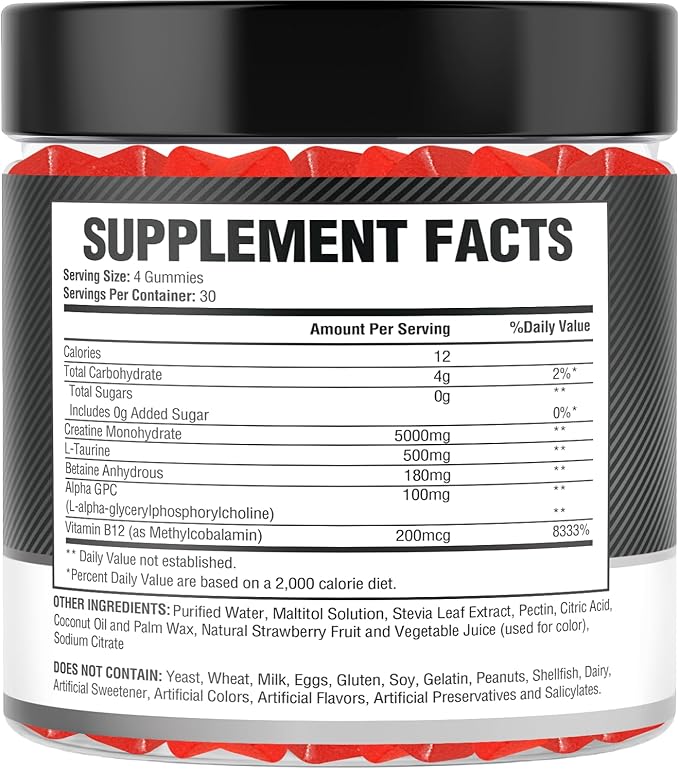 Creatine Monohydrate Gummies 5g (5000mg) for Men & Women - 120 Count, Sugar-Free Creatine Pre Workout Chews For Energy Boost, Creatine Supplement For Building Muscle and Strength, Vegan, Non-GMO
