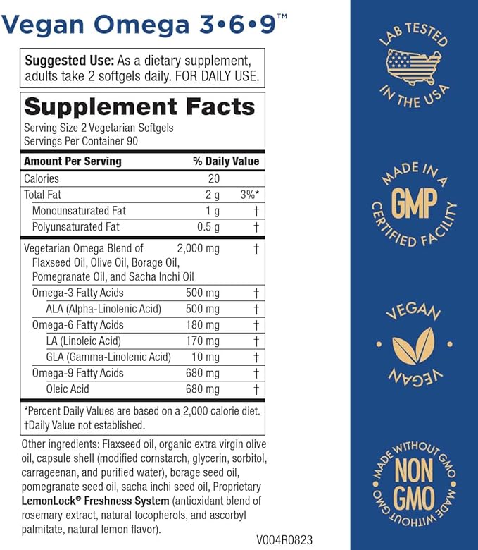 Purity Products Omega 3-6-9 Vegan Omega Formula - “5 in 1” Essential Fatty Acid Complex - Scientifically Formulated Plant-Based Omega 3 6 9 Essential Fatty Acids (EFA) - 3 Month Supply - 180 Softgels