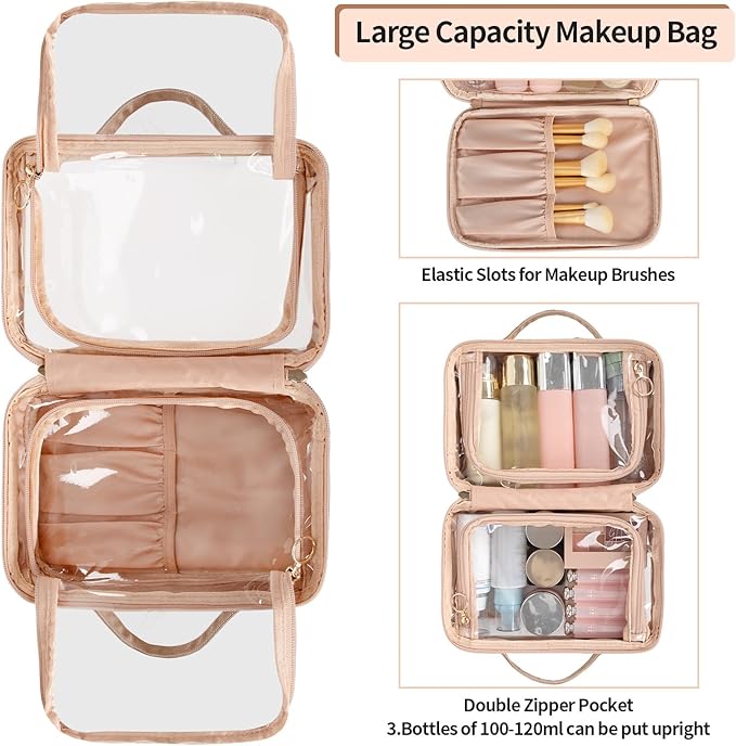 OCHEAL Makeup Bag, Double Layer Cosmetic Bag, Large Capacity New Look Clear Cosmetic Case for Women Travel Beauty Essentials, Multiple Compartments Makeup Case Organizer Zipper Pouch -Rose Glod
