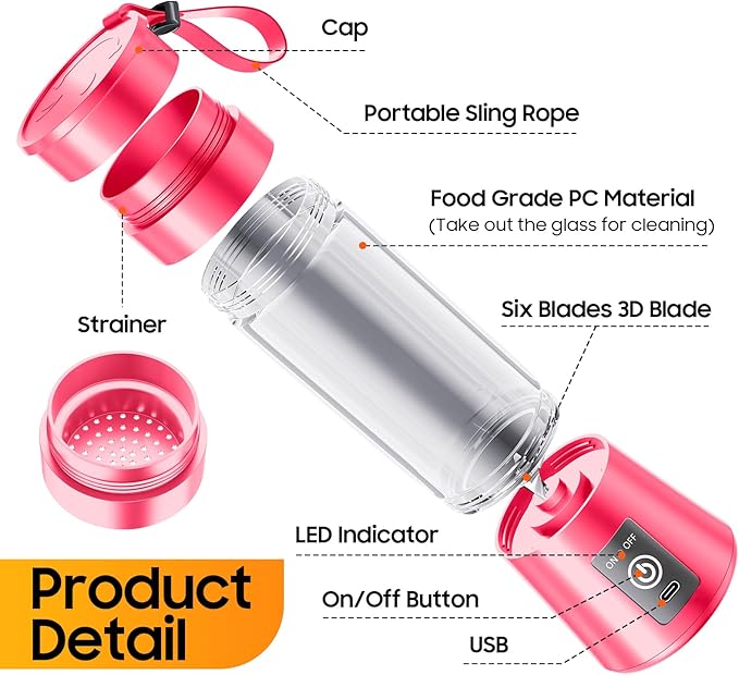 Personal Blender for Shakes and Smoothies - 2025 New Upgrade Cordless Portable Blender USB-C Rechargeable, 380Ml BAP Free Juice Cup, 6 Blades Freshly Squeezed for Picnic/Sprots, 20000Rpm/Min Speed